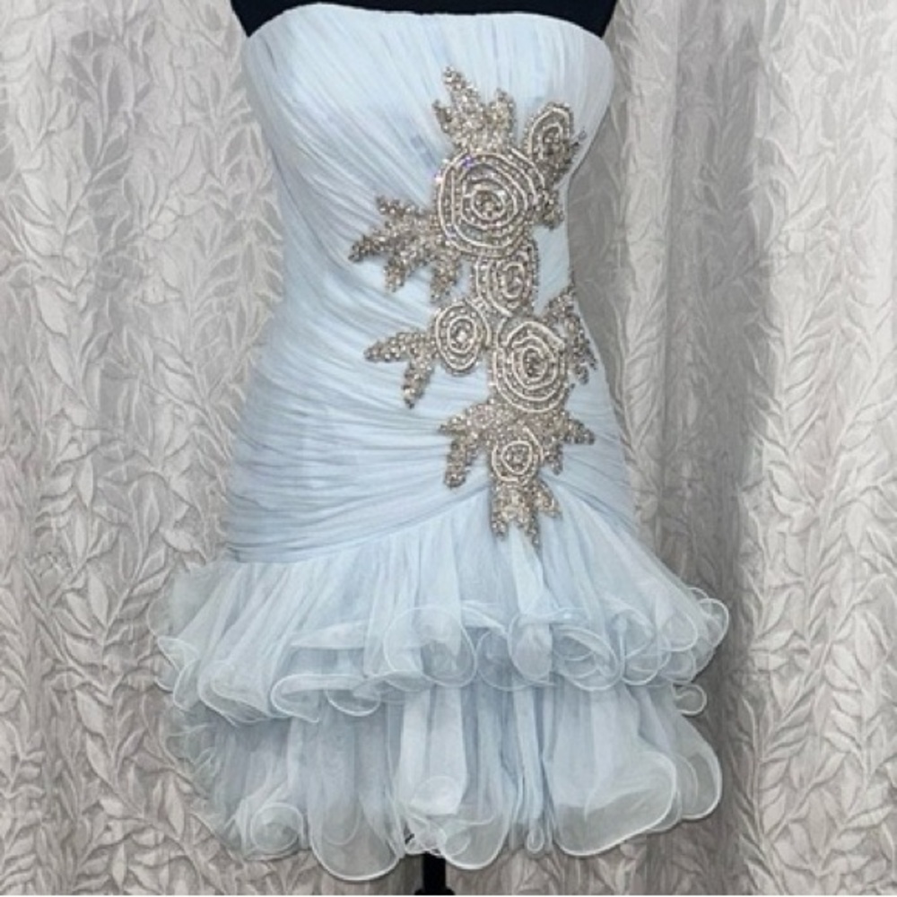 Sherri Hill Size 0-2 Pastel Ice Blue Rhinestone Floral Appliqué with Ruffles